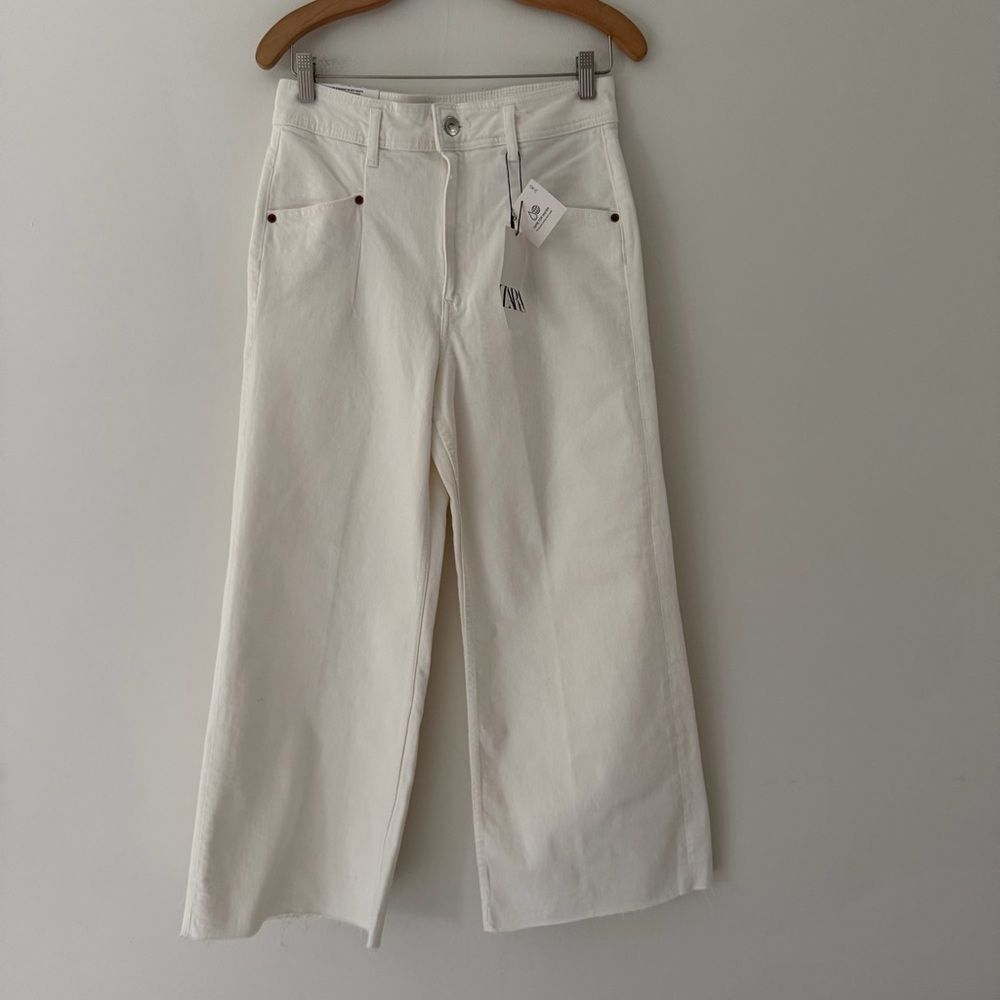 Zara NWT White Denim Jeans Sailor Pants Wide Leg High Waist Size 8 Coastal